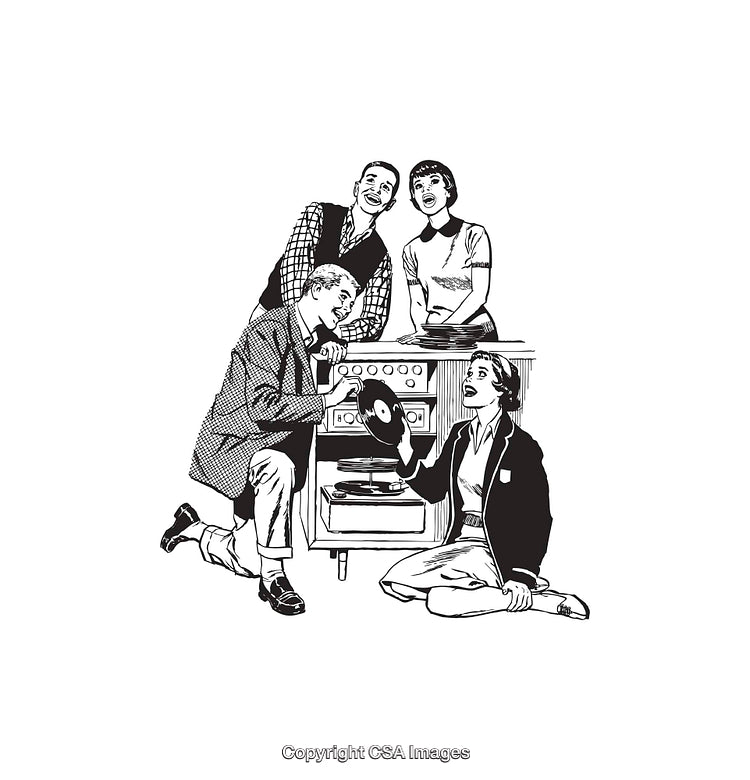Retro Illustration of Friends Enjoying Music Together with Vinyl Records
