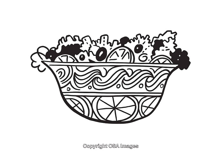 Intricate Black and White Illustration of a Salad in a Decorative Bowl