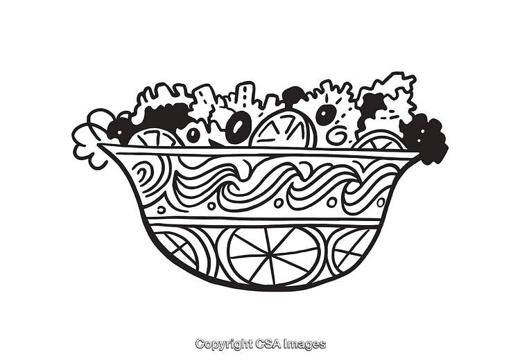 Intricate Black and White Illustration of a Salad in a Decorative Bowl