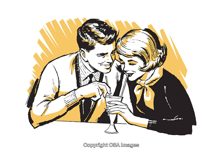 Retro Couple Sharing a Milkshake in a Charming Vintage Illustration
