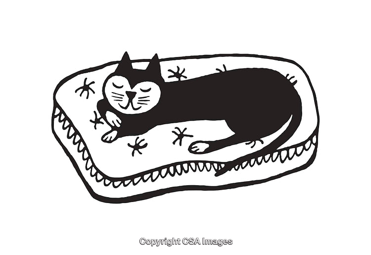 Black And White Illustration of a Cat Relaxing on a Comfy Cushion
