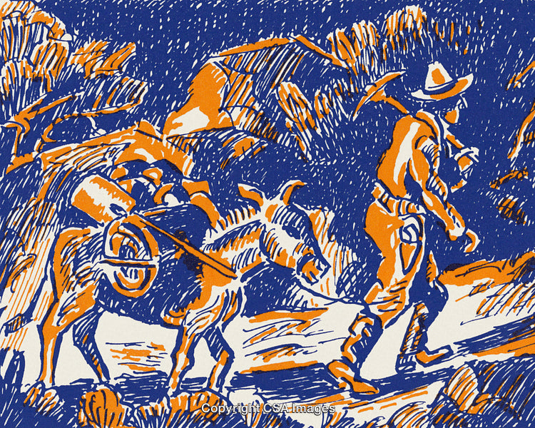 Rustic Illustration Of A Miner Exploring With His Trusted Donkey In The Mountains