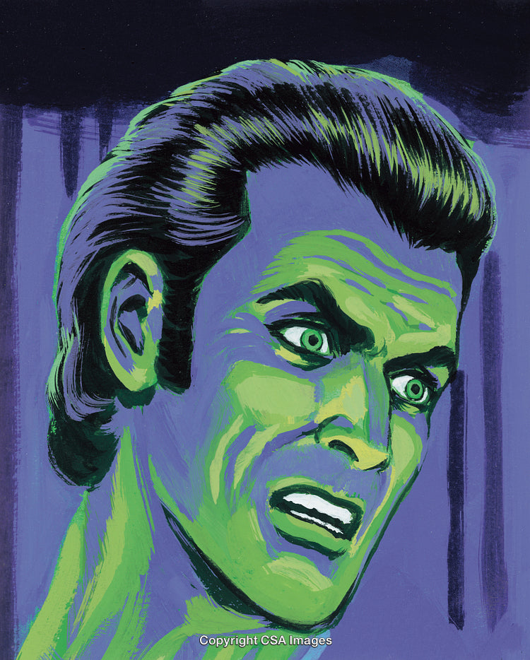Vintage Illustration of a Man Expressing Shock and Fear in Bold Colors