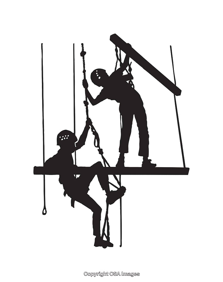 Silhouettes of Workers Engaged in Rappelling and Rope Maintenance