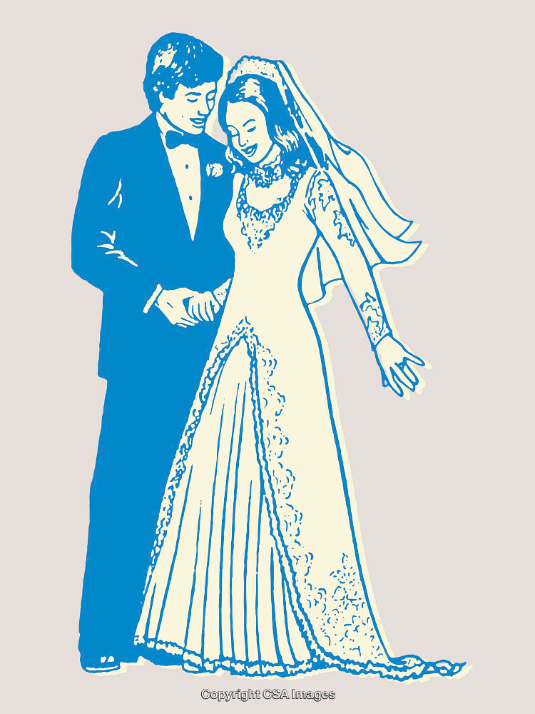 Blue and White Line Art of Wedding Couple in Elegant Attire