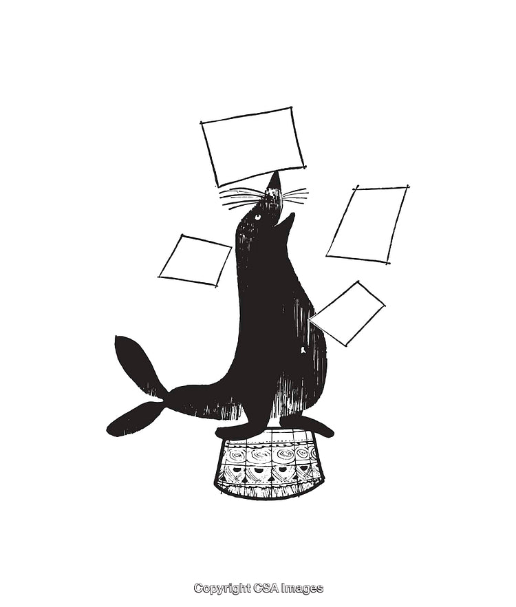 Black and White Illustration of Seal Performing with Geometric Shapes