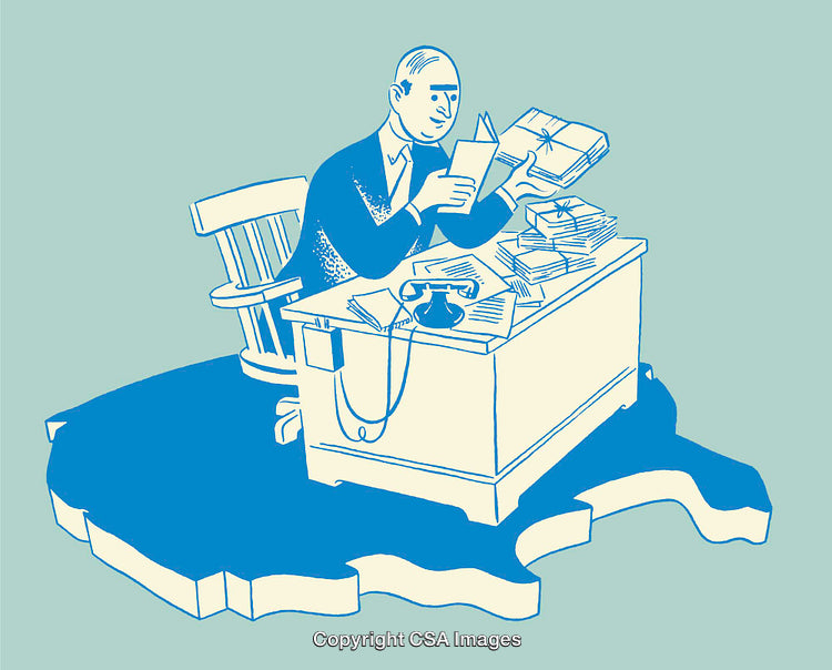 Illustration of a Man Reading at a Desk with Books