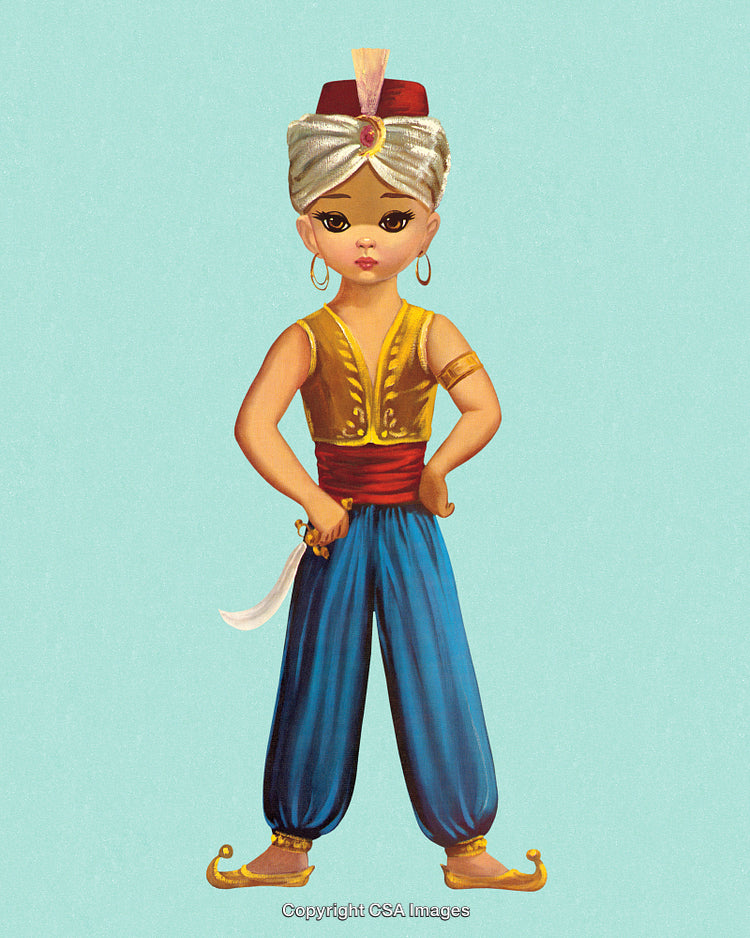 Colorful Illustration of a Young Genie in Traditional Attire on Blue Background