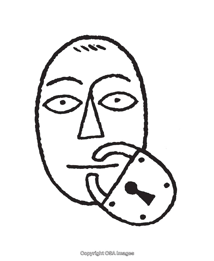 Black and White Illustration of a Locked Mouth Symbolizing Silence