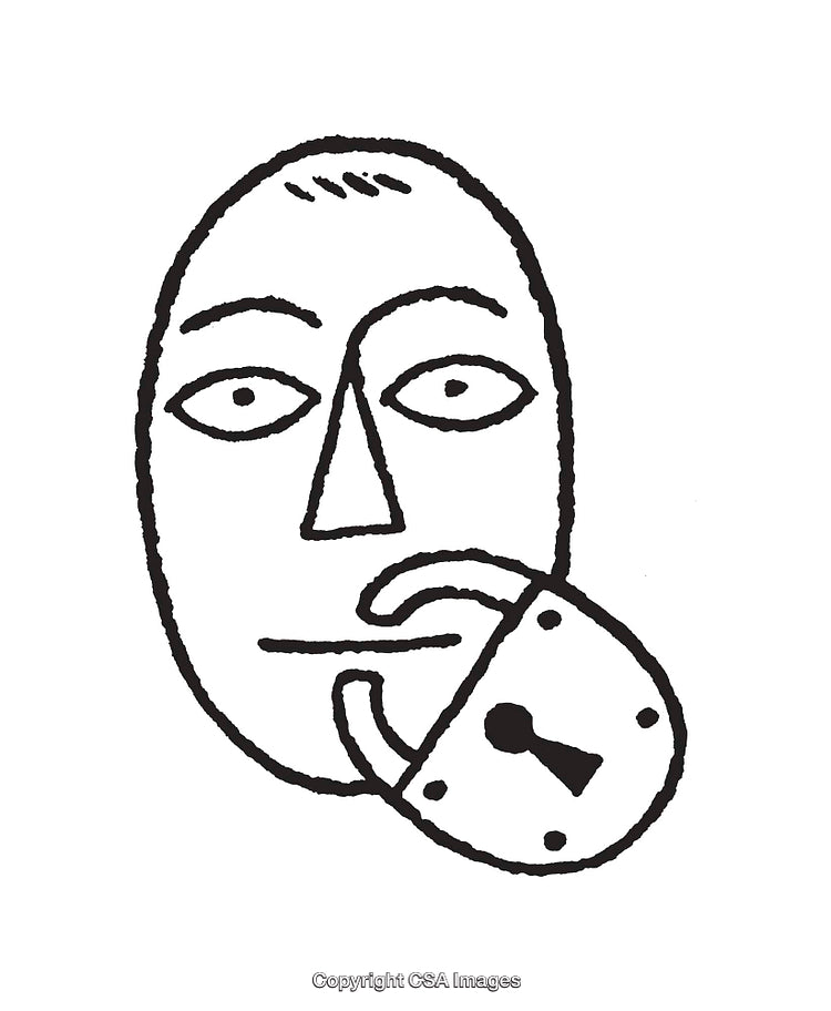 Black and White Illustration of a Locked Mouth Symbolizing Silence