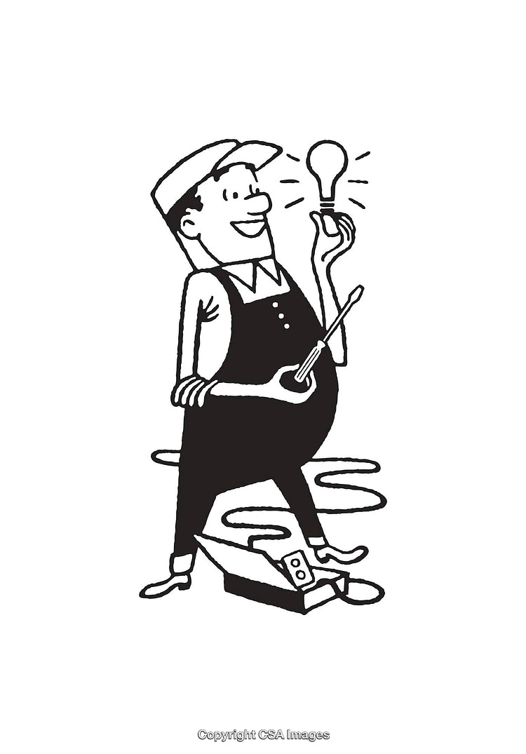 Vintage Line Art of Electrician with Light Bulb and Toolbox