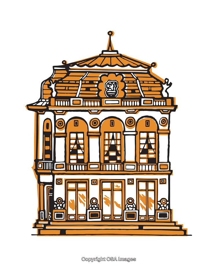 Illustrated European Building With Arch Windows and Detailed Roof Design