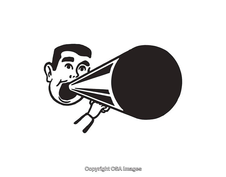 Black and White Retro Illustration of Man with Megaphone Yelling Out Loud