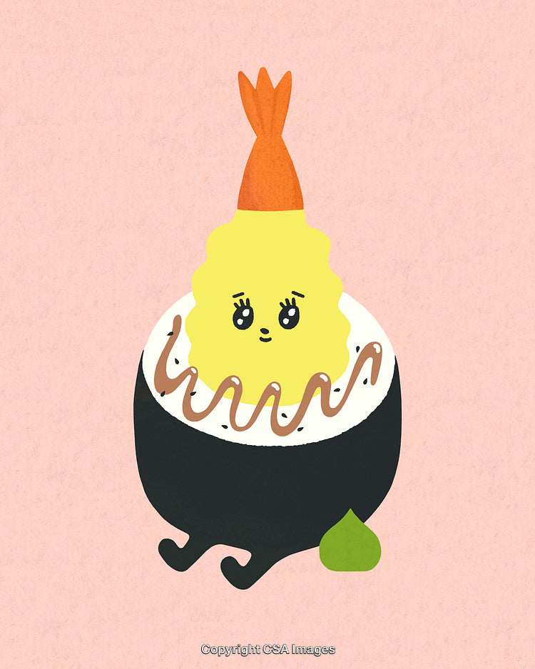 Cute Cartoon Tempura Sushi with Happy Expression on Pink Background