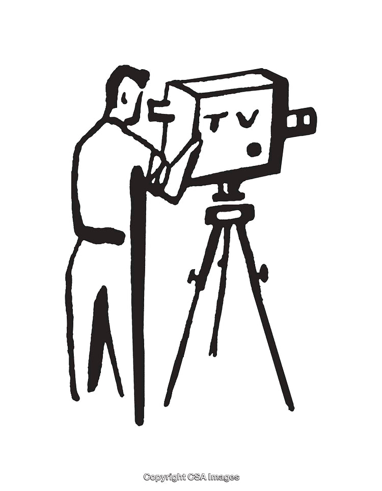 Black And White Line Art Illustration of Cameraman Operating Antique TV Camera