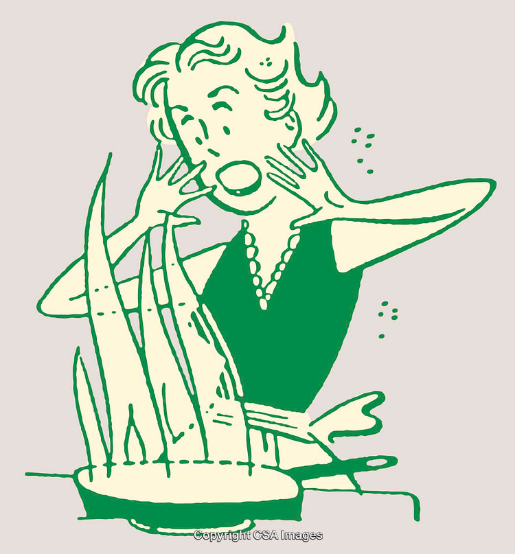 Retro Cartoon Illustration of Surprised Woman Reacting to Kitchen Fire