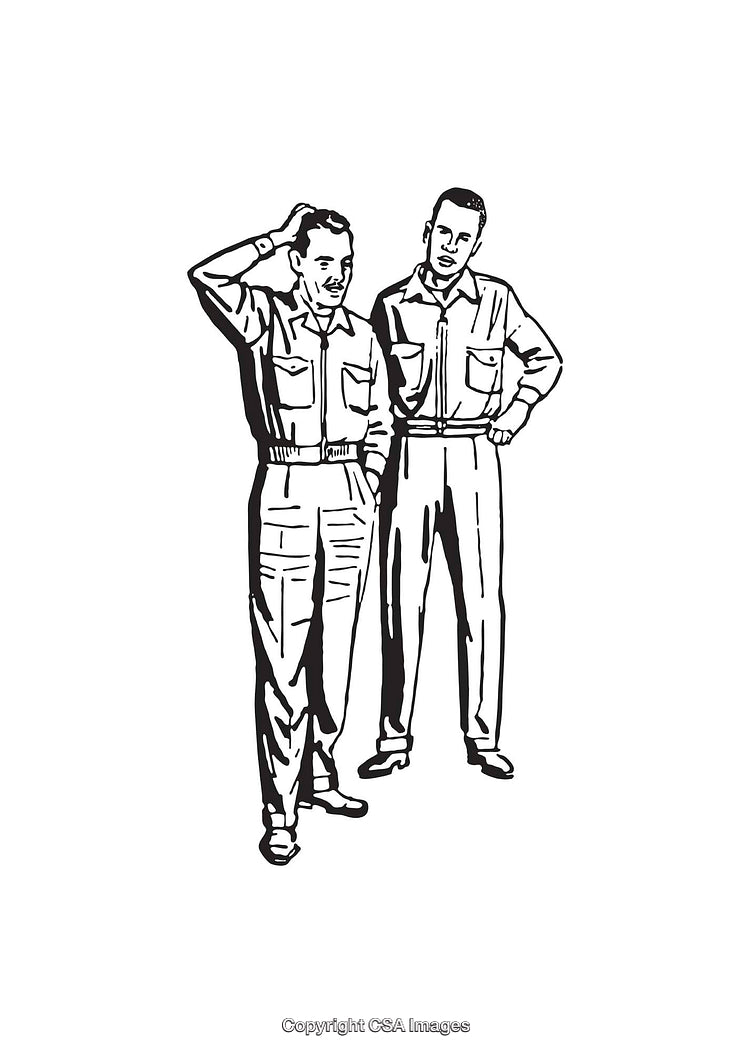 Black and White Line Art of Two Standing Men in Discussion