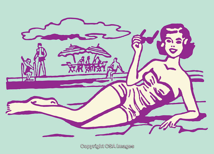 Retro Illustration of a Woman Lounging by the Beach with Onlookers