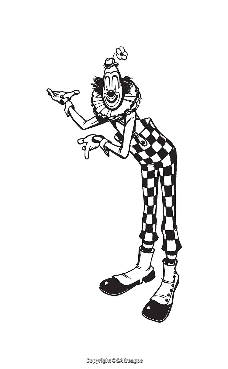 Black and White Line Art of a Cheerful Clown in Checkered Outfit