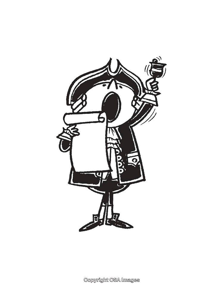 Black and White Line Art Illustration of a Town Crier Holding a Bell and Scroll