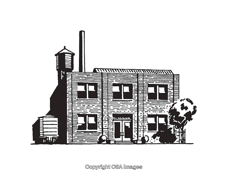Black and White Line Art Illustration of Retro Industrial Building