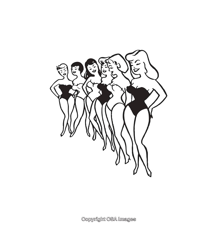 Retro Black and White Line Art of Stylized Women in Bodysuits
