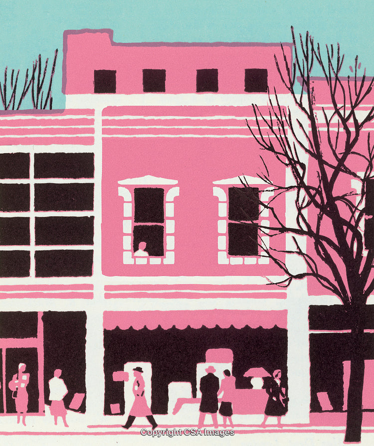 Pink Urban Scene Featuring People Walking By and Observing from a Window