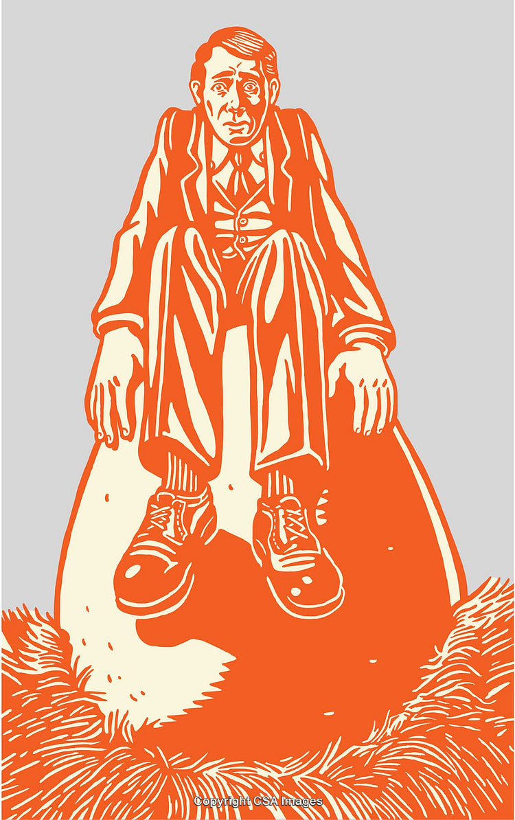 Man Sitting Solemnly on an Egg-Shaped Rock, Simplistic Line Art in Orange