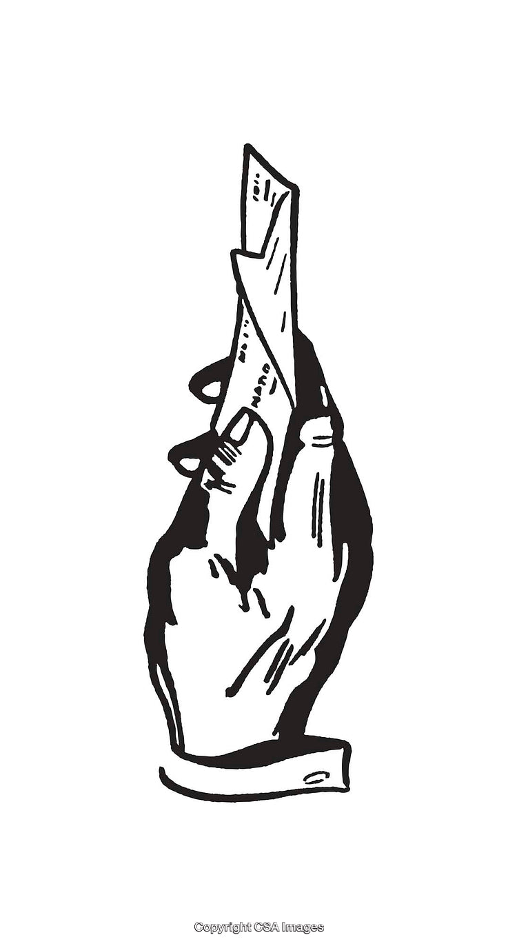 Black and White Line Art of Hand Holding a Folded Paper
