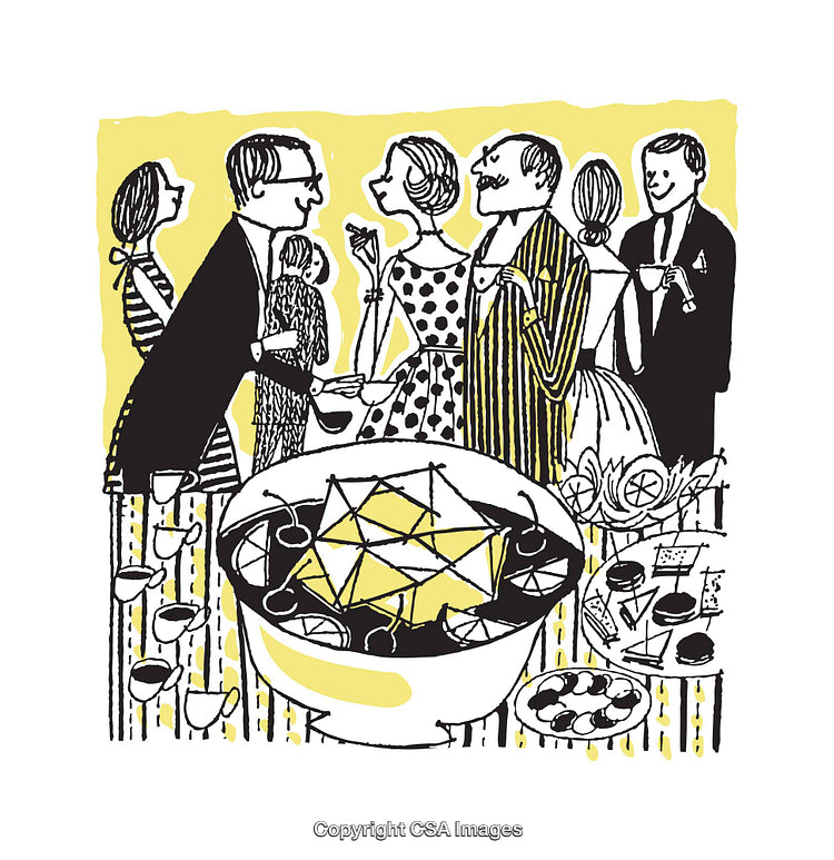 Colorful Illustration of a Retro Gathering Around a Dining Table