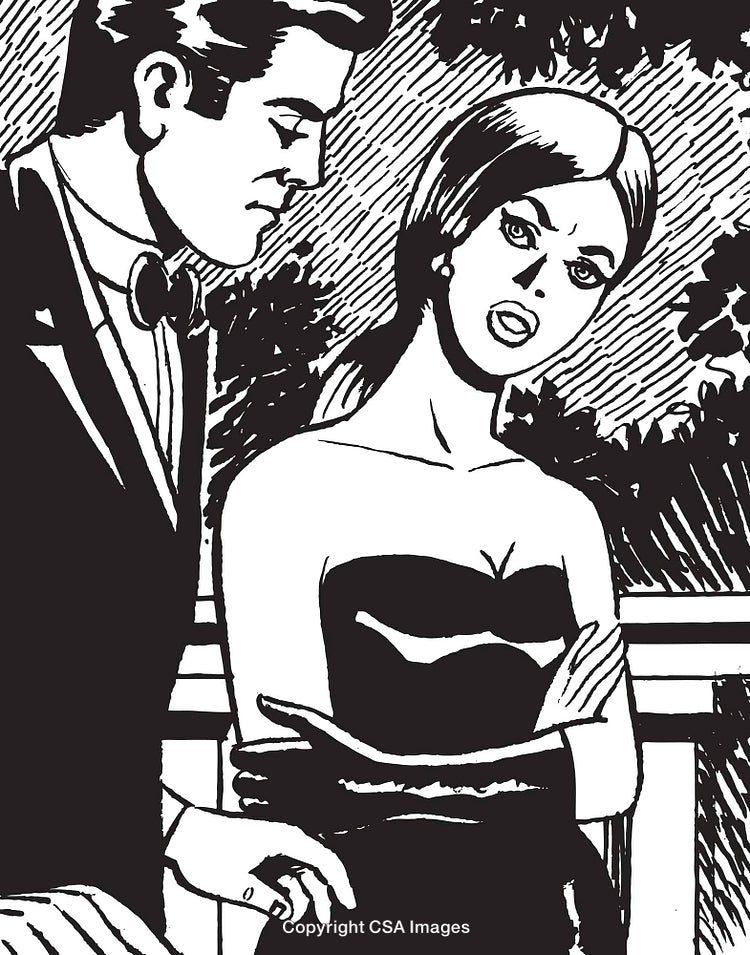 Elegant Black and White Illustration of a Couple in a Dramatic Scene