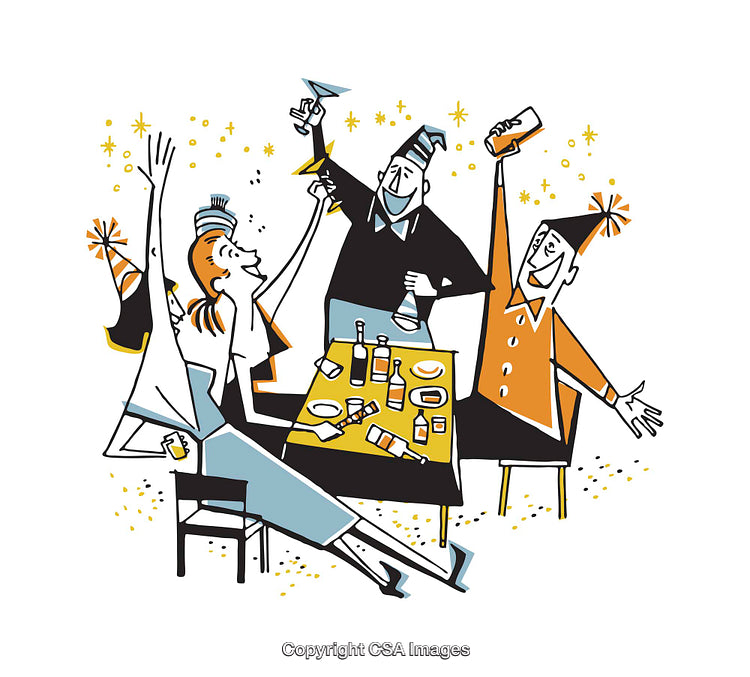 Festive Cartoon Illustration of Friends Celebrating with Drinks and Laughter