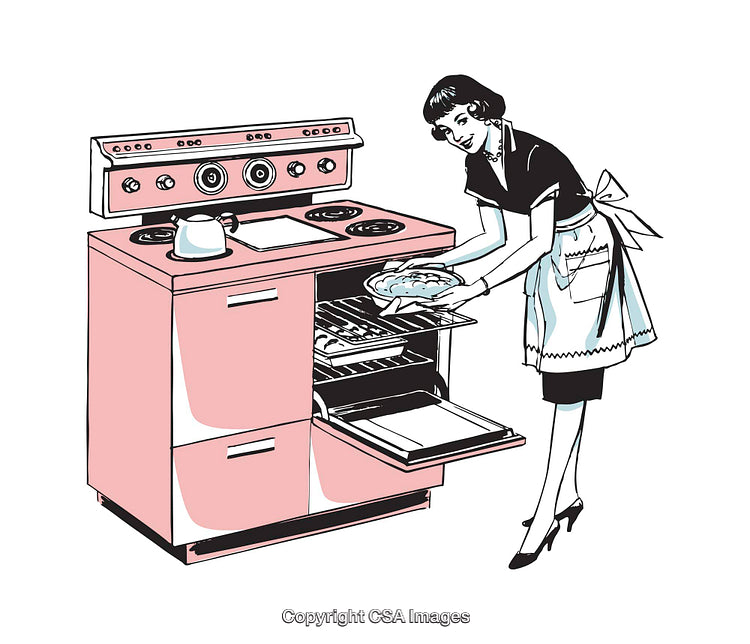 Woman Baking Pie in a Retro Kitchen Setting Illustration