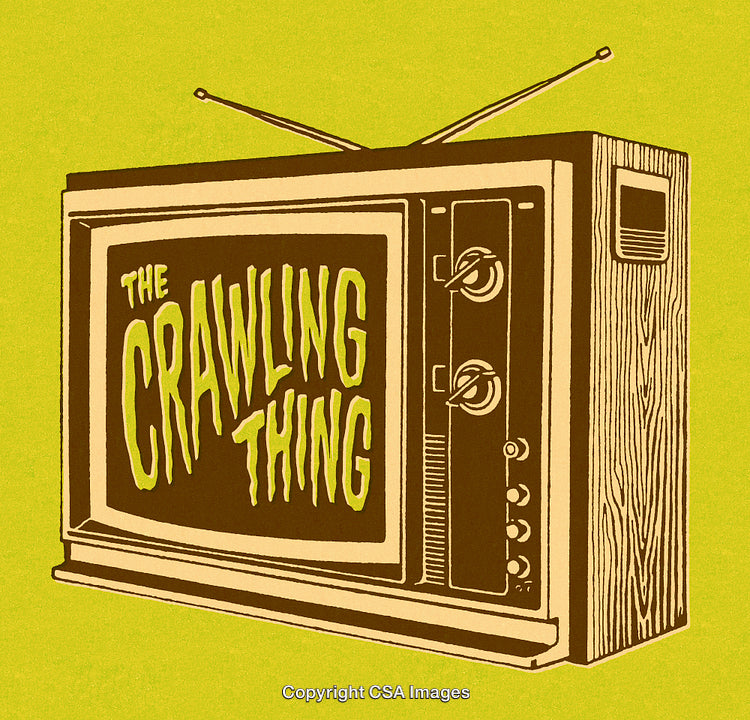 Vintage Television Set Displaying Retro Movie Title Illustration in Bold Style