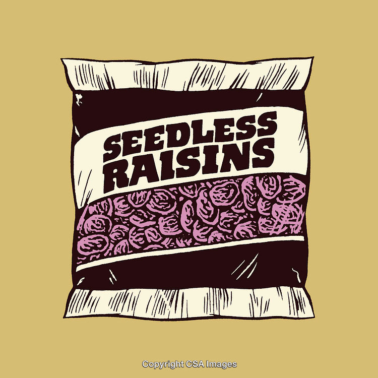 Color Line Art of a Packet of Seedless Raisins on a Beige Background