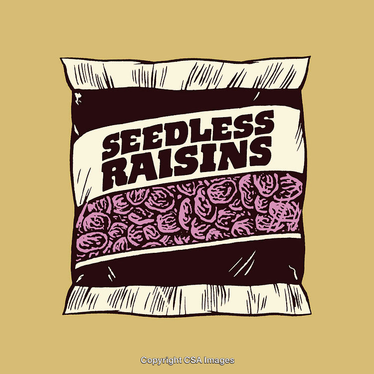 Color Line Art of a Packet of Seedless Raisins on a Beige Background