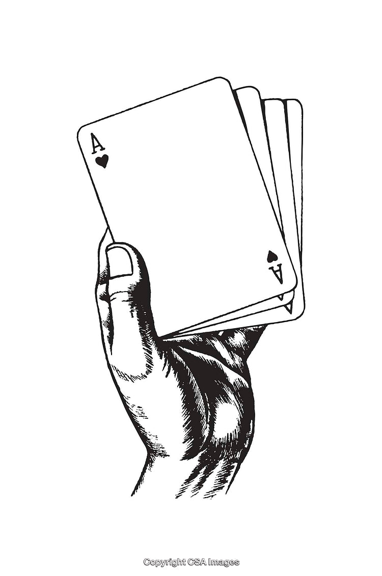 Black and White Line Art of a Hand Holding Playing Cards