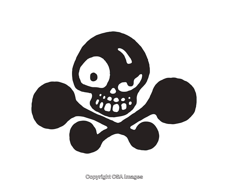 Black and White Illustration of Cartoon-Like Skull and Crossbones Design