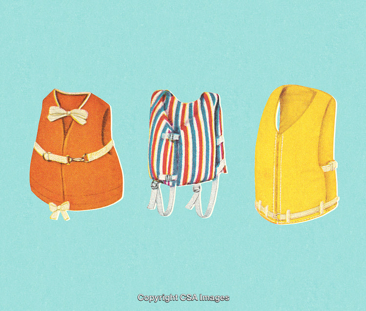 Collection of Colorful Vintage Life Jackets on a Light Blue Background