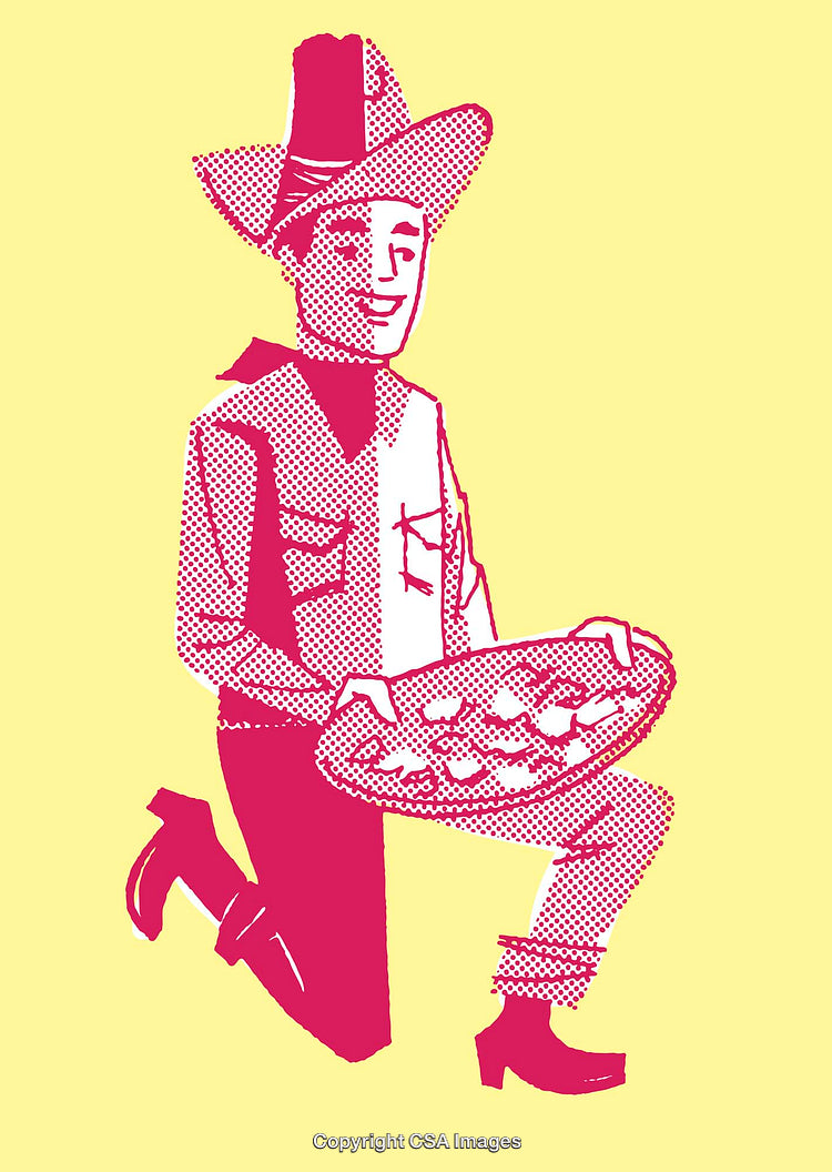 Retro Cowboy Illustration Featuring Western Apparel and Serving Food in Pop Art Style