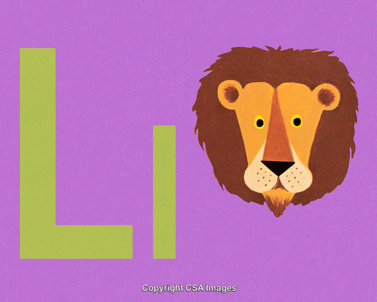 Illustrated Lion Head With Letter L on Purple Background for Learning