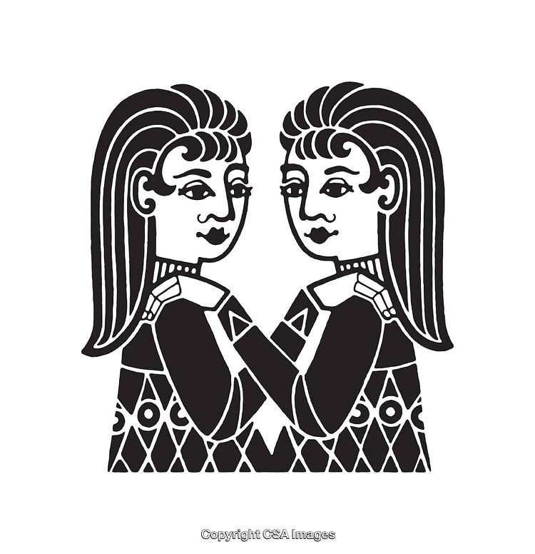 Elegant Black and White Zodiac Illustration of Gemini Twins in Line Art