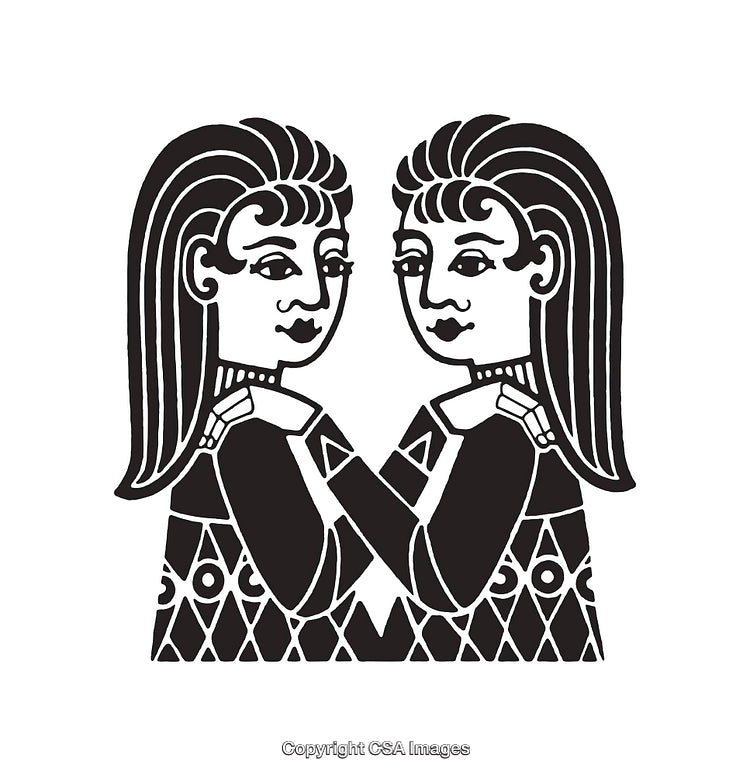 Elegant Black and White Zodiac Illustration of Gemini Twins in Line Art