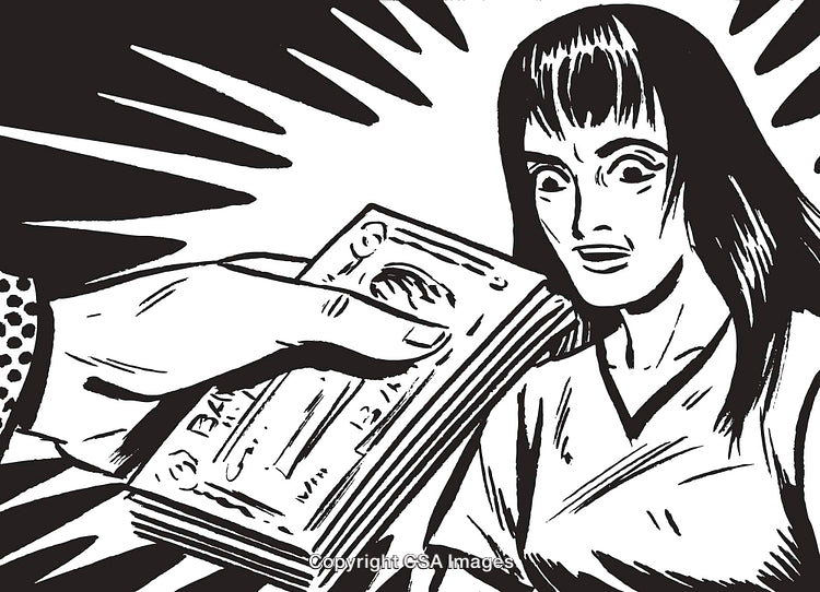 Black and White Illustration of Surprised Woman Receiving Money
