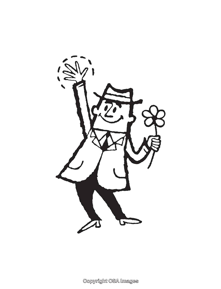Whimsical Line Art of a Man Waving and Holding a Flower
