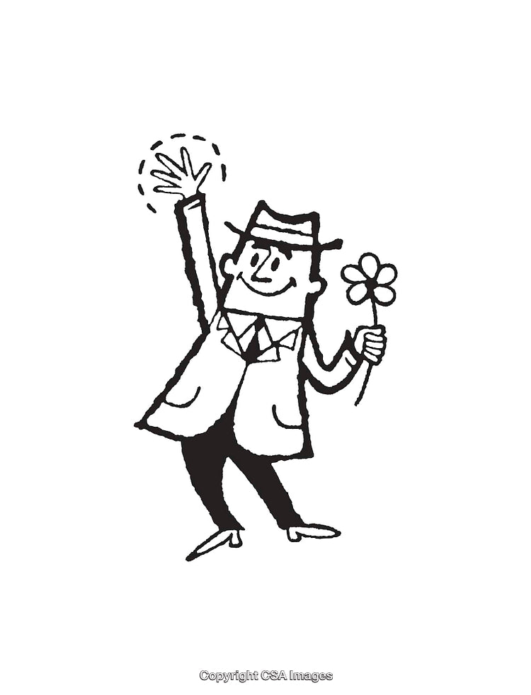 Whimsical Line Art of a Man Waving and Holding a Flower