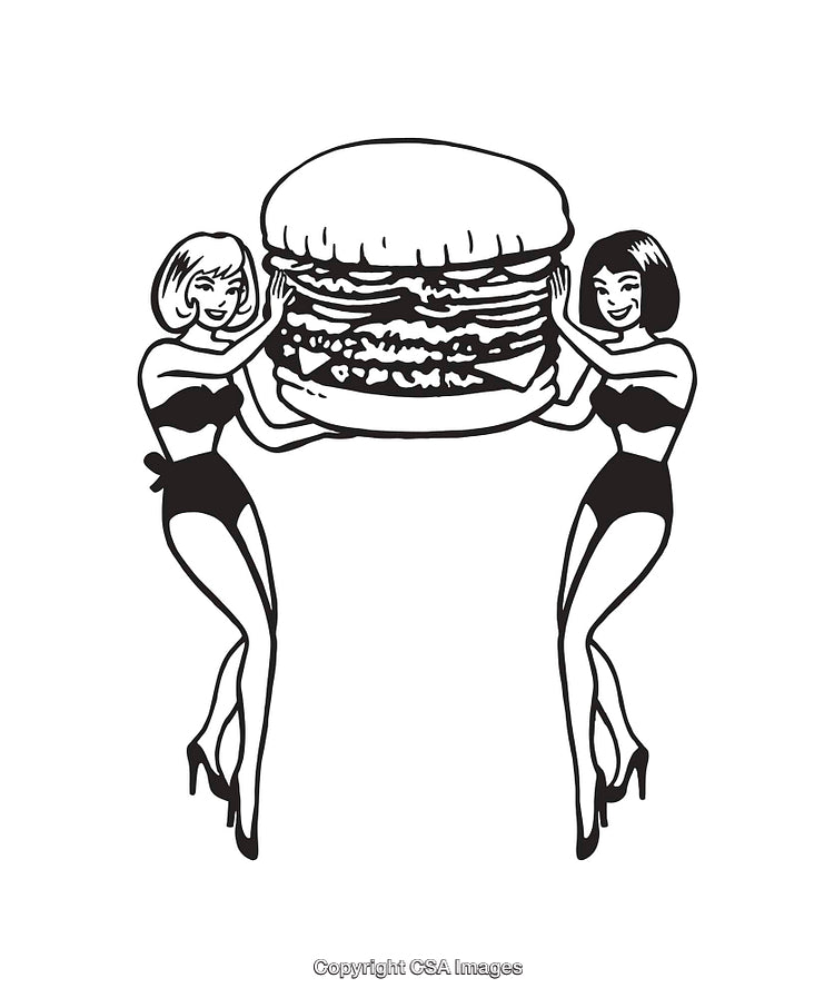 Retro Black and White Line Art Illustration of Women Holding Giant Burger