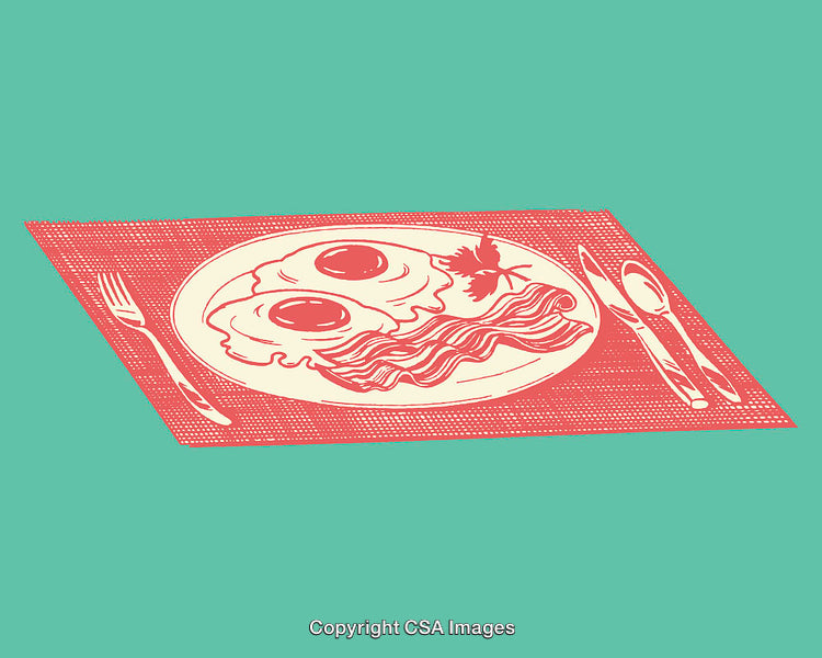 Colorful Line Art Illustration of Breakfast with Eggs and Bacon