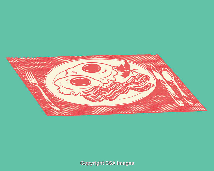 Colorful Line Art Illustration of Breakfast with Eggs and Bacon