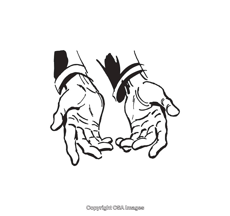 Black and White Line Art Illustration of Open Hands Offering Gesture